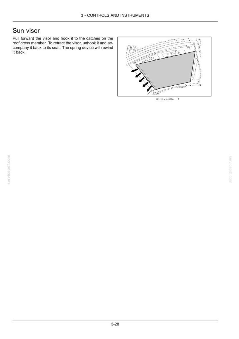 May include: A black and white technical diagram showing a vehicle sun visor. The text reads 3 - CONTROLS AND INSTRUMENTS, Sun visor, and provides instructions on how to pull forward, hook, and retract the visor using a spring device mechanism.