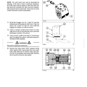 May include: Technical diagram of a steering system component, featuring detailed illustrations of parts like valve inserts, hexagon nuts, and pressure springs. The diagram includes labels and arrows for assembly instructions.