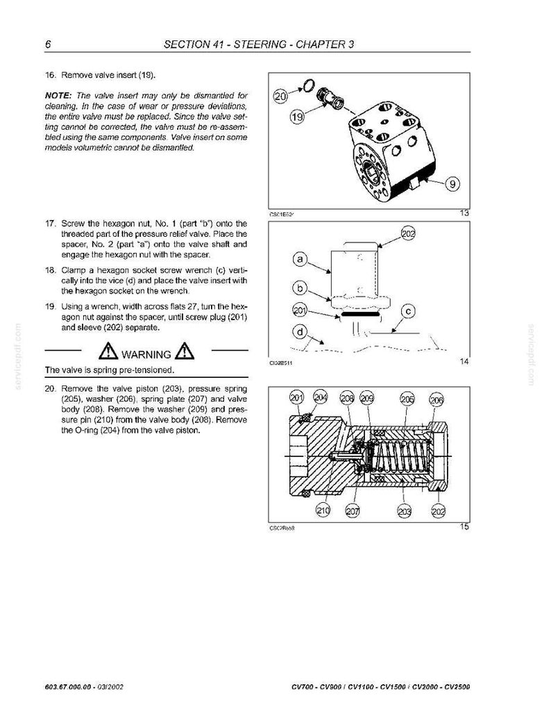 May include: Technical diagram of a steering system component, featuring detailed illustrations of parts like valve inserts, hexagon nuts, and pressure springs. The diagram includes labels and arrows for assembly instructions.