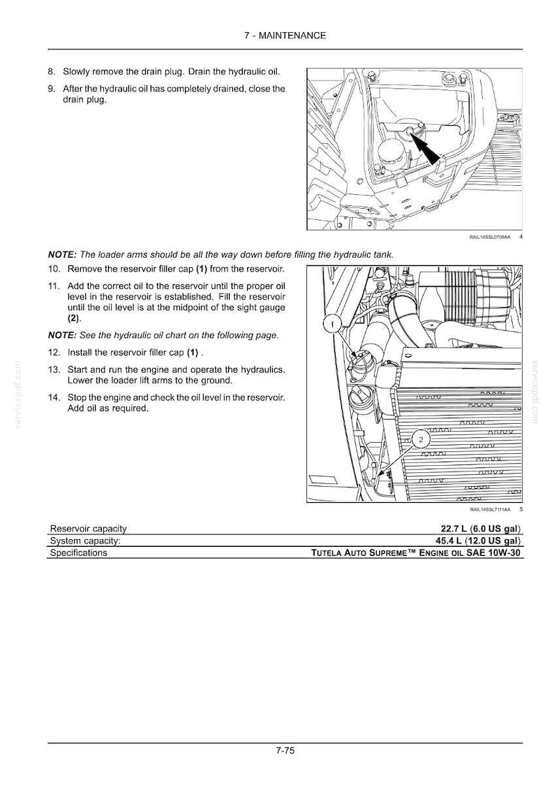 May include: A technical maintenance manual page for a hydraulic system, featuring black and white diagrams of a machine engine compartment, numbered labels 1 and 2, and text instructions for draining and filling oil with a 6.0 US gal reservoir capacity.