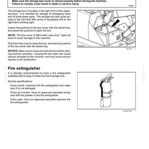 May include: Page from a manual showing a front storage box and a fire extinguisher. The storage box is in the upper right, and the fire extinguisher is in the lower right. Text includes warnings and service specifications.