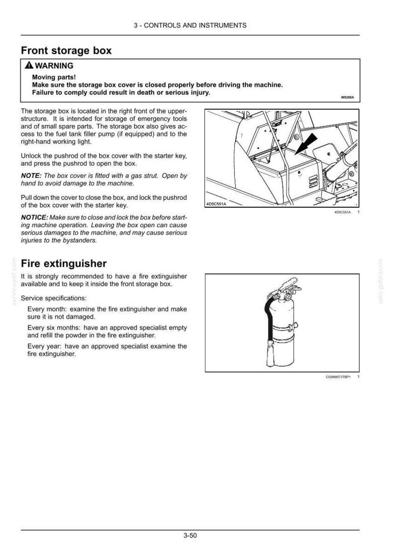 May include: Page from a manual showing a front storage box and a fire extinguisher. The storage box is in the upper right, and the fire extinguisher is in the lower right. Text includes warnings and service specifications.