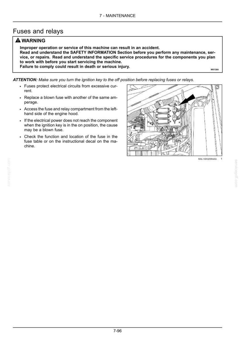 May include: A technical maintenance document page titled 7-MAINTENANCE Fuses and relays. It includes a warning box about machine service, instructions for replacing fuses, and a black and white line drawing showing the location of the fuse box.
