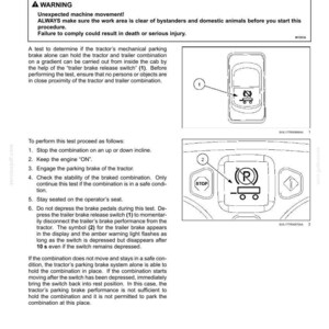 May include: A technical manual page titled 6-WORKING OPERATIONS, TRAILER BRAKING SYSTEMS, and Trailer brake release switch. It includes a warning box, numbered instructions, and two diagrams showing a switch labeled 1 and a display symbol labeled 2.