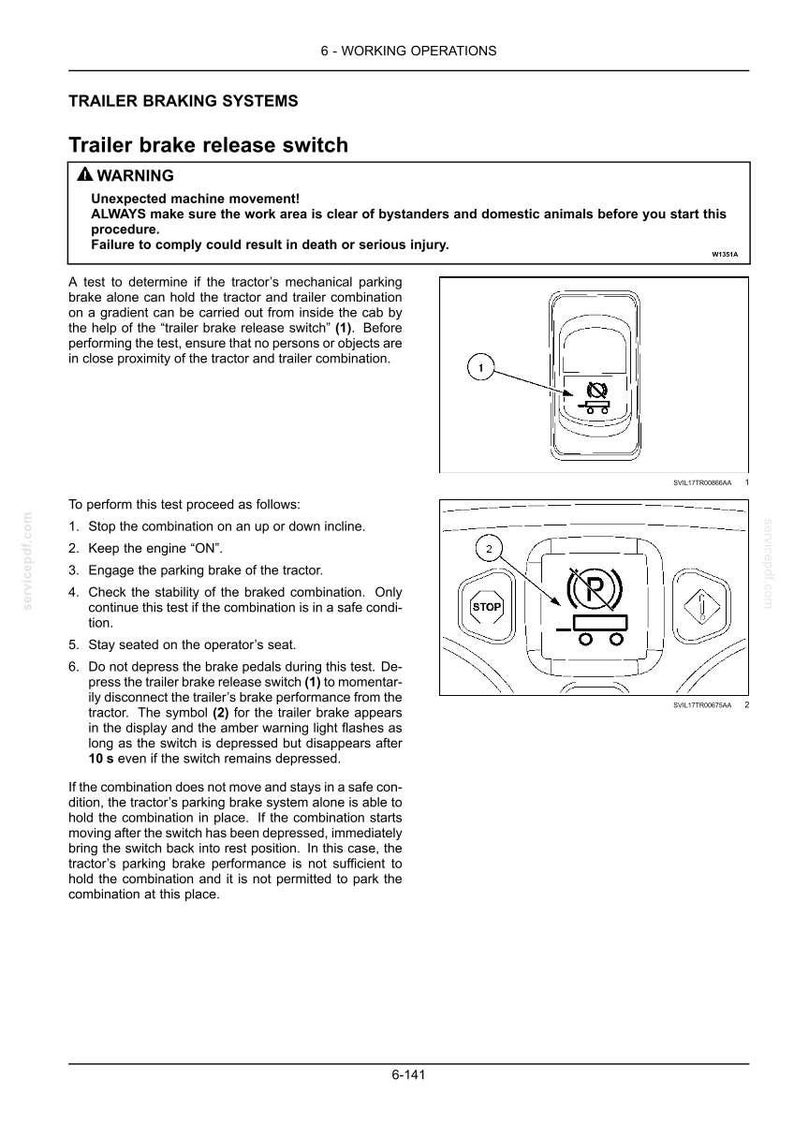 May include: A technical manual page titled 6-WORKING OPERATIONS, TRAILER BRAKING SYSTEMS, and Trailer brake release switch. It includes a warning box, numbered instructions, and two diagrams showing a switch labeled 1 and a display symbol labeled 2.