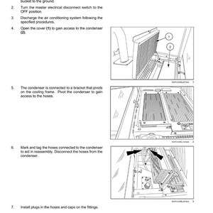 May include: Diagram of air conditioning condenser removal steps. Instructions include lowering the bucket, turning off the electrical switch, and opening the cover. Includes images of the condenser and related components.