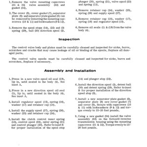 May include: A detailed technical diagram titled "CONTROL VALVE" with instructions for removal, disassembly, inspection, assembly, and installation. The text is in black font on a white background, with diagrams and part numbers.