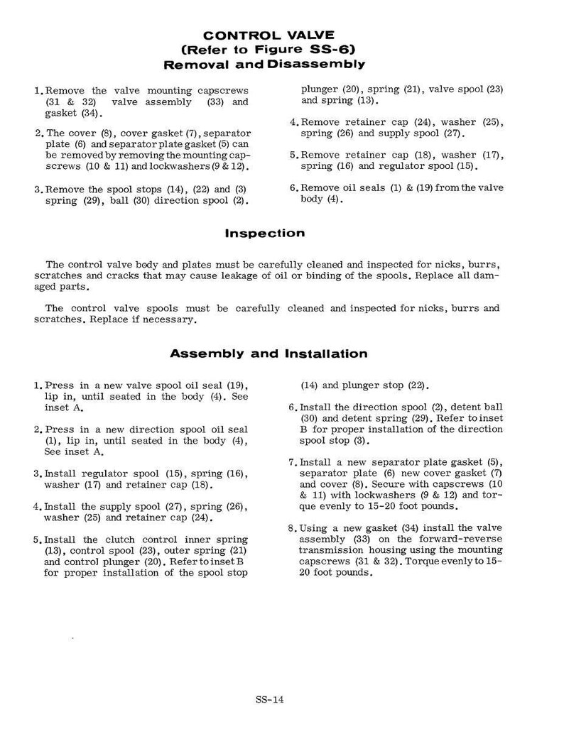 May include: A detailed technical diagram titled "CONTROL VALVE" with instructions for removal, disassembly, inspection, assembly, and installation. The text is in black font on a white background, with diagrams and part numbers.
