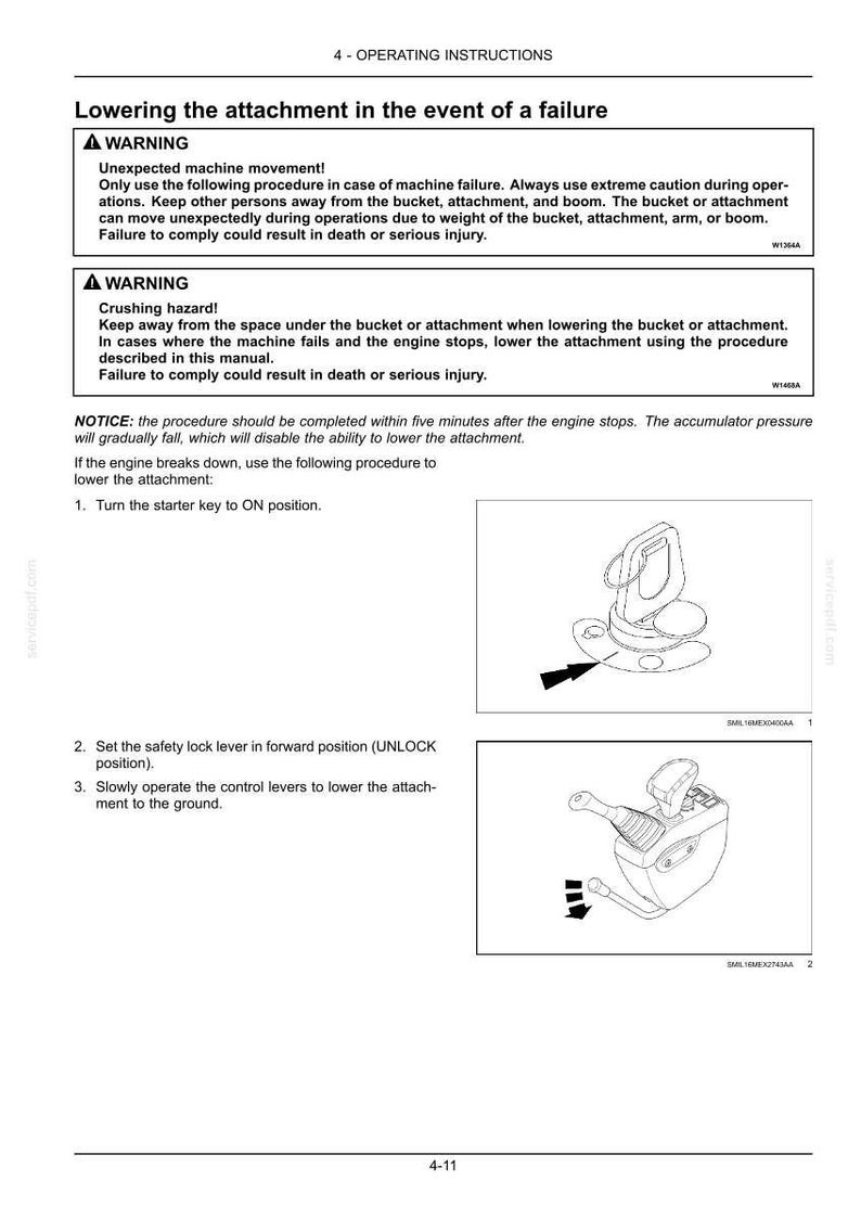 May include: Page from an operating manual with instructions on lowering an attachment in case of failure. Includes warnings about unexpected movement and crushing hazards. Diagrams show key steps and components.
