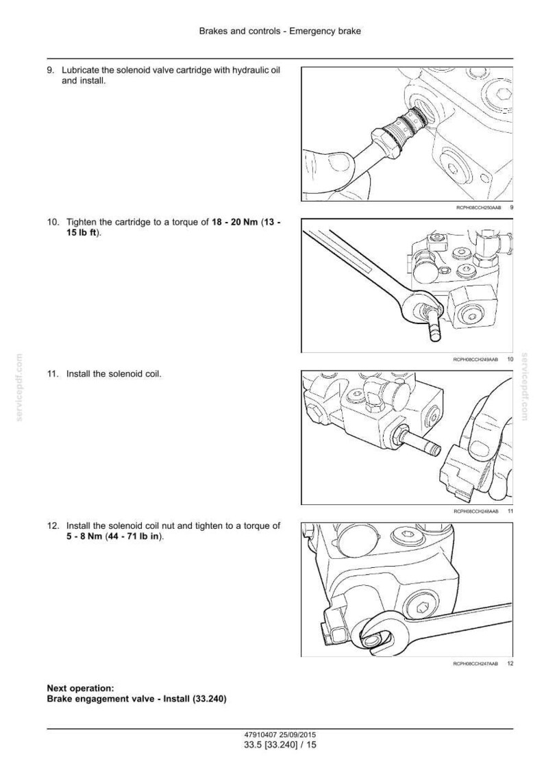 May include: Diagram showing emergency brake assembly instructions. Includes steps for lubricating, tightening, and installing parts. Torque specifications are provided in Newton metres and pound-feet.