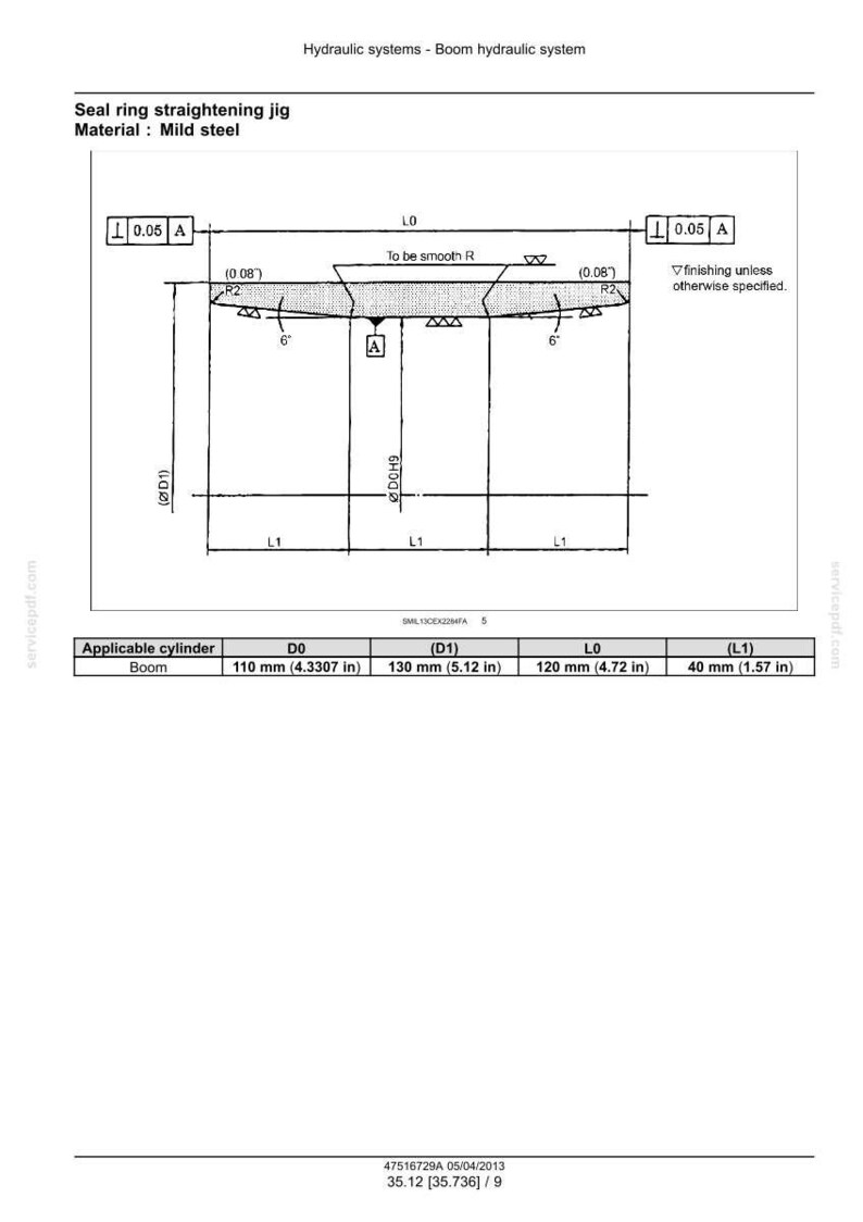 May include: Diagram of a seal ring straightening jig made of mild steel. The diagram includes measurements in inches and millimeters, with dimensions such as 4.3307 in (110 mm) and 5.12 in (130 mm).