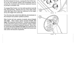 May include: A technical manual page titled 6 - WORKING OPERATIONS featuring Dynamic Ride Control instructions. It includes two diagrams with numbered callouts 1 through 4, illustrating control knobs and a switch for tractor implement management.