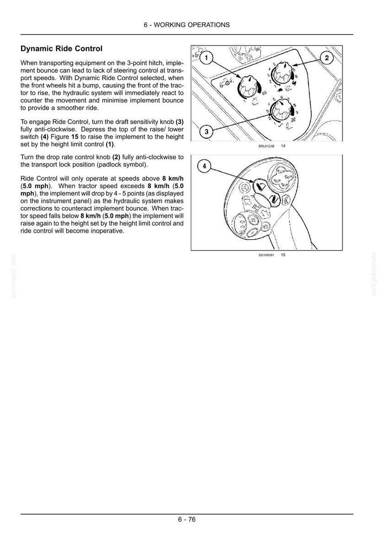 May include: A technical manual page titled 6 - WORKING OPERATIONS featuring Dynamic Ride Control instructions. It includes two diagrams with numbered callouts 1 through 4, illustrating control knobs and a switch for tractor implement management.