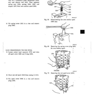 May include: A technical manual page featuring four black and white line drawings labeled Fig. 68 through Fig. 71. The diagrams illustrate mechanical disassembly steps for an arm conflux spool and rod spool, including numbered parts and text instructions.