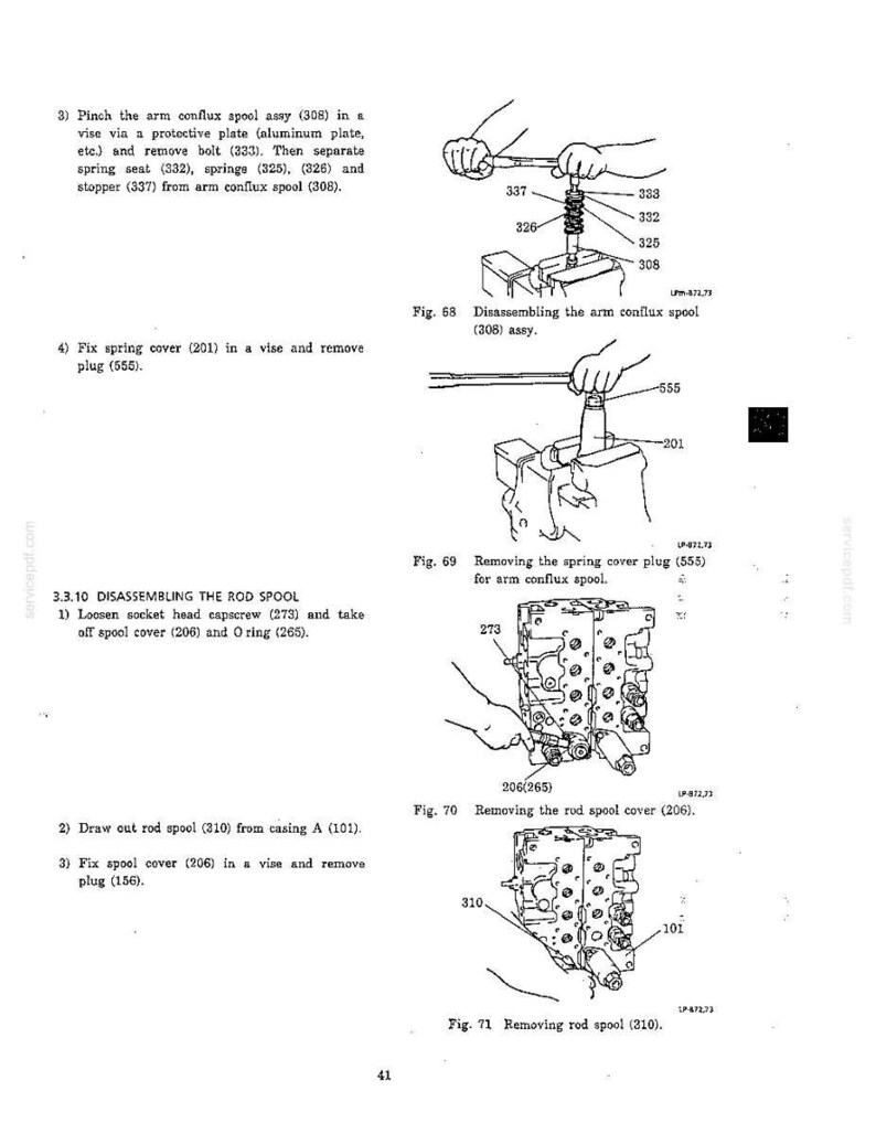 May include: A technical manual page featuring four black and white line drawings labeled Fig. 68 through Fig. 71. The diagrams illustrate mechanical disassembly steps for an arm conflux spool and rod spool, including numbered parts and text instructions.