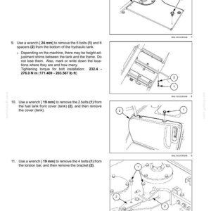 May include: Diagrams illustrating steps for hydraulic system maintenance, including removing bolts and covers. Instructions detail using wrenches of 19 mm and 24 mm sizes. The image includes numbered components and torque specifications for bolt installation.