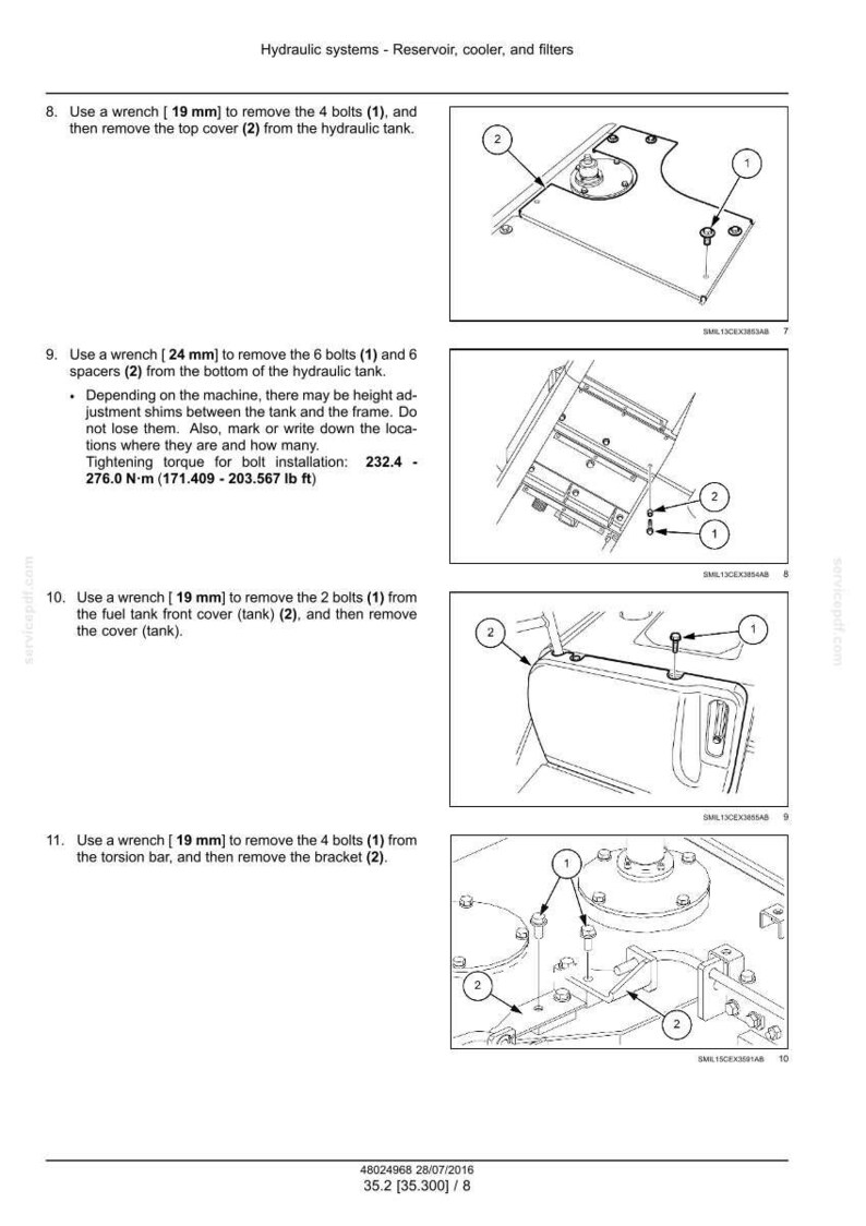 May include: Diagrams illustrating steps for hydraulic system maintenance, including removing bolts and covers. Instructions detail using wrenches of 19 mm and 24 mm sizes. The image includes numbered components and torque specifications for bolt installation.