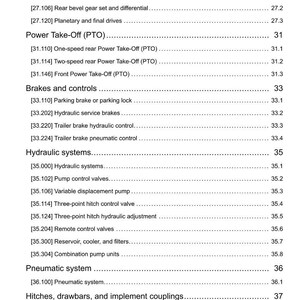 May include: A detailed table of contents from a technical manual, featuring sections on axle systems, power take-off, brakes, hydraulic systems, and hitches. The text is black on a white background, with page numbers.