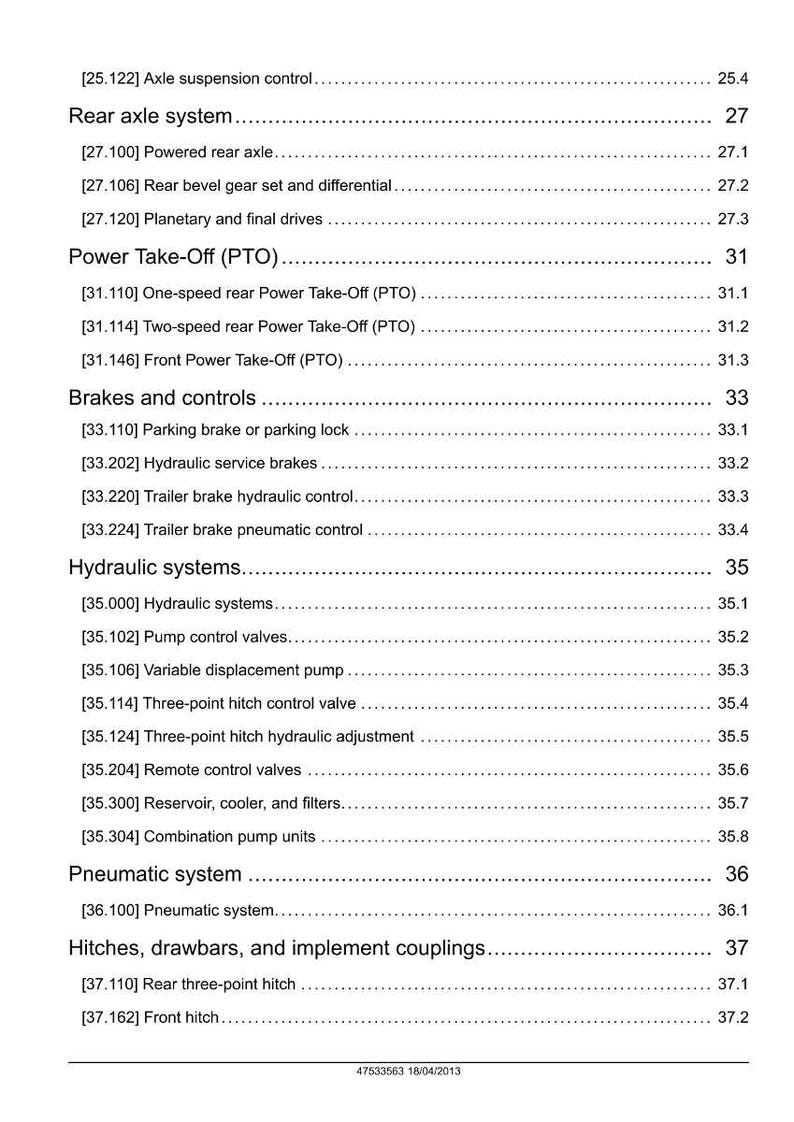 May include: A detailed table of contents from a technical manual, featuring sections on axle systems, power take-off, brakes, hydraulic systems, and hitches. The text is black on a white background, with page numbers.