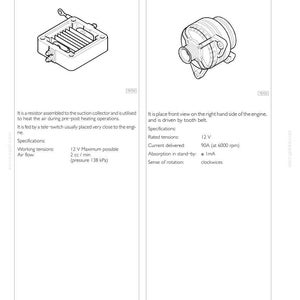 Puede incluir: Diagrama de una resistencia de precalentamiento y un alternador. La resistencia es un componente rectangular con aletas, mientras que el alternador es un dispositivo cil&iacute;ndrico. Ambas son piezas de autom&oacute;viles, con especificaciones.