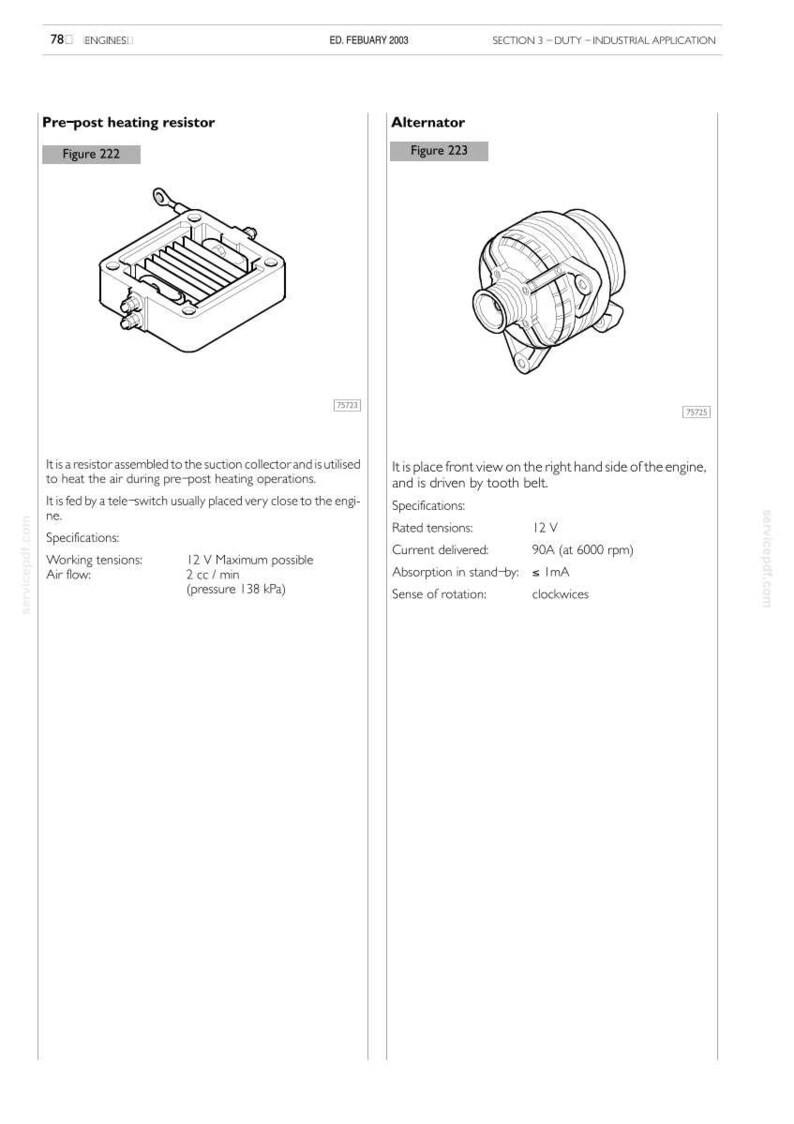 Puede incluir: Diagrama de una resistencia de precalentamiento y un alternador. La resistencia es un componente rectangular con aletas, mientras que el alternador es un dispositivo cil&iacute;ndrico. Ambas son piezas de autom&oacute;viles, con especificaciones.