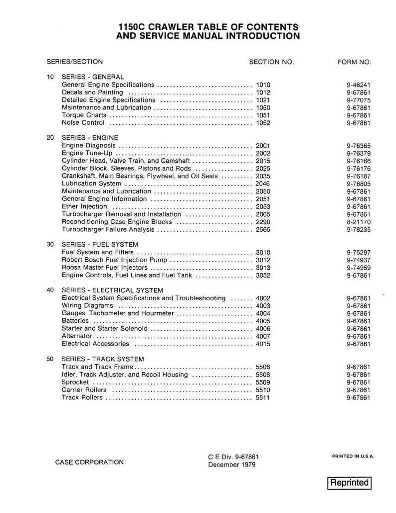 May include: A printed table of contents and service manual introduction for the 1150C Crawler. The document lists various sections including engine specifications, fuel systems, and electrical systems. The document is dated December 1979.