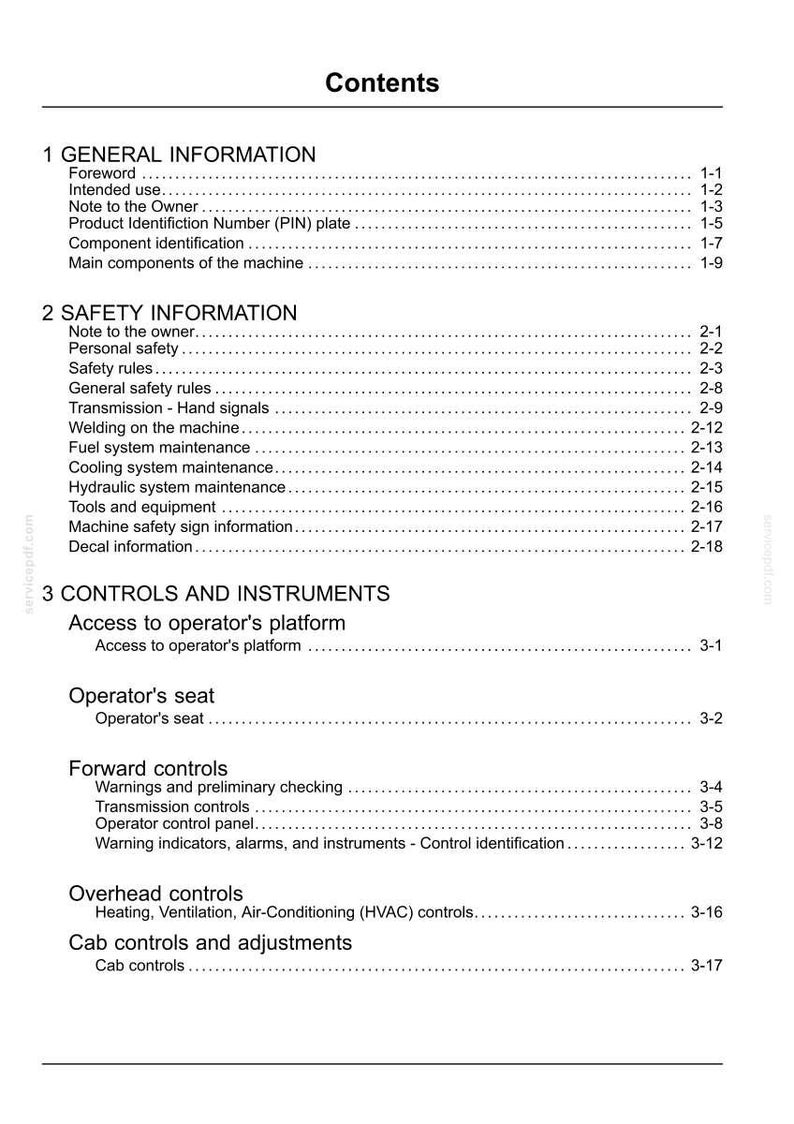 May include: A white document titled "Contents" with a table of contents for a machine manual. Sections include general and safety information, controls, and instruments. The document is for a machine.