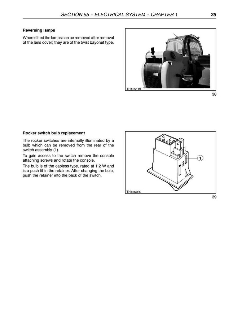 May include: Page from a manual with the title "SECTION 55 - ELECTRICAL SYSTEM - CHAPTER 1". The page includes diagrams and text about reversing lamps and rocker switch bulb replacement. The image also shows a diagram of a rocker switch.