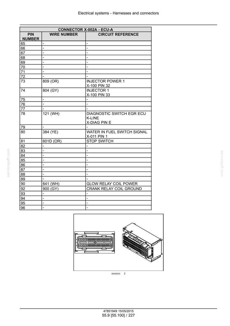 May include: Diagram of electrical systems, harnesses, and connectors. The table lists pin numbers, wire numbers, and circuit references. Includes a diagram of a connector.