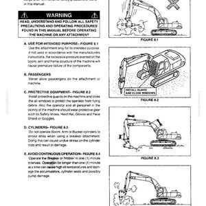 May include: A technical manual page titled Section VIII- OPTIONAL EQUIPMENT featuring safety warnings and four black and white line drawings of an excavator with a breaker attachment, illustrating proper operation, guard installation, and cylinder usage.