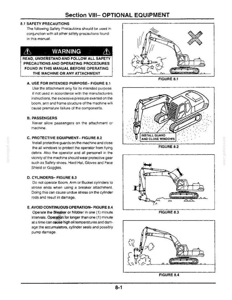 May include: A technical manual page titled Section VIII- OPTIONAL EQUIPMENT featuring safety warnings and four black and white line drawings of an excavator with a breaker attachment, illustrating proper operation, guard installation, and cylinder usage.