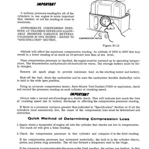 May include: Diagram illustrating how to check compression pressure in a spark ignition engine. The image features a compression tester and text detailing the process. Instructions are provided for determining compression loss, with measurements in imperial units.