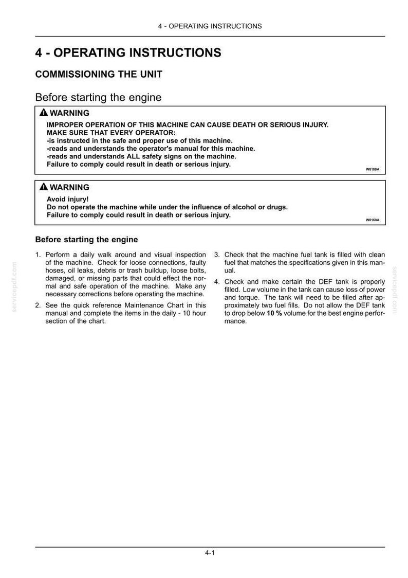 May include: A page from an operating instructions manual titled "4 - OPERATING INSTRUCTIONS". It features safety warnings and instructions for commissioning a unit before starting the engine, with text in black.