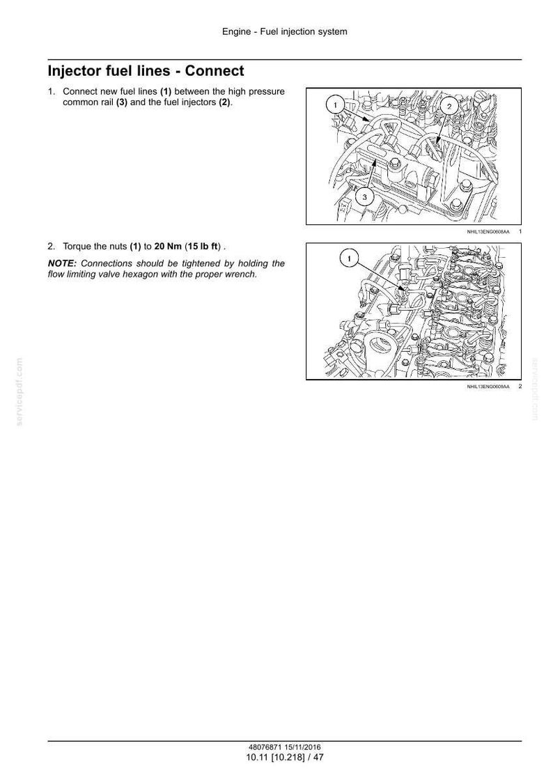 Peut inclure: Sch&eacute;ma du syst&egrave;me d'injection de carburant d'un moteur, d&eacute;taillant le raccordement des conduites de carburant et les sp&eacute;cifications de couple. Comprend des illustrations en gros plan avec des composants num&eacute;rot&eacute;s et des instructions textuelles.