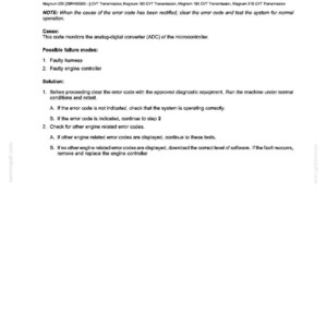 May include: A document with the title "3254-ADC Monitoring - Reference Voltage Too High" and fault codes. The document provides troubleshooting steps for a system, including checking the harness and engine controller. The text is in black on a white background.