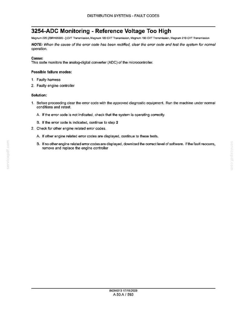 May include: A document with the title "3254-ADC Monitoring - Reference Voltage Too High" and fault codes. The document provides troubleshooting steps for a system, including checking the harness and engine controller. The text is in black on a white background.
