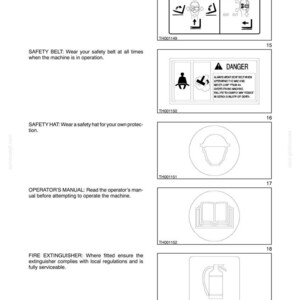 May include: A page from a safety manual titled CHAPTER 1 - SAFETY FEATURES AND VEHICLE OPTIONAL SAFETY. It displays five black and white line art icons representing manipulator functions, safety belt, safety hat, operator's manual, and fire extinguisher.