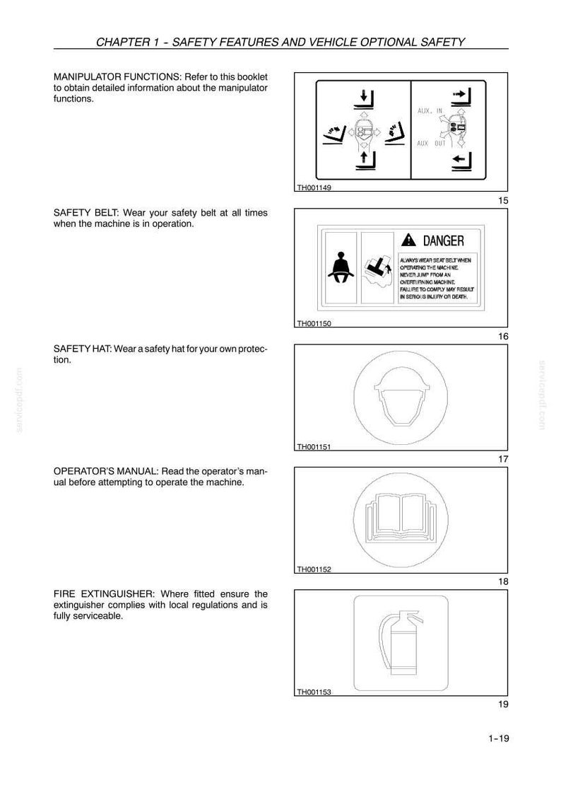 May include: A page from a safety manual titled CHAPTER 1 - SAFETY FEATURES AND VEHICLE OPTIONAL SAFETY. It displays five black and white line art icons representing manipulator functions, safety belt, safety hat, operator's manual, and fire extinguisher.
