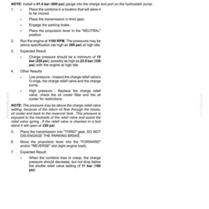 May include: A technical document detailing hydrostatic transmission pressure testing procedures. The text includes instructions for checking charge pressure, with specifications in psi and bar. It also provides troubleshooting steps for low and high-pressure scenarios.