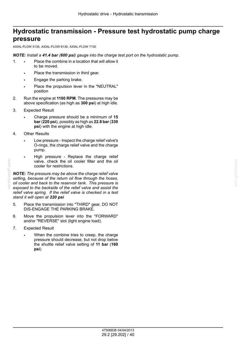 May include: A technical document detailing hydrostatic transmission pressure testing procedures. The text includes instructions for checking charge pressure, with specifications in psi and bar. It also provides troubleshooting steps for low and high-pressure scenarios.