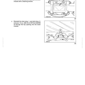 May include: A technical manual page titled SECTION 58 - ATTACHMENTS / HEADERS - CHAPTER 1. It features two black and white line drawings of a machinery module with numbered parts 1 and 2, alongside instructional text for draining and refilling oil.
