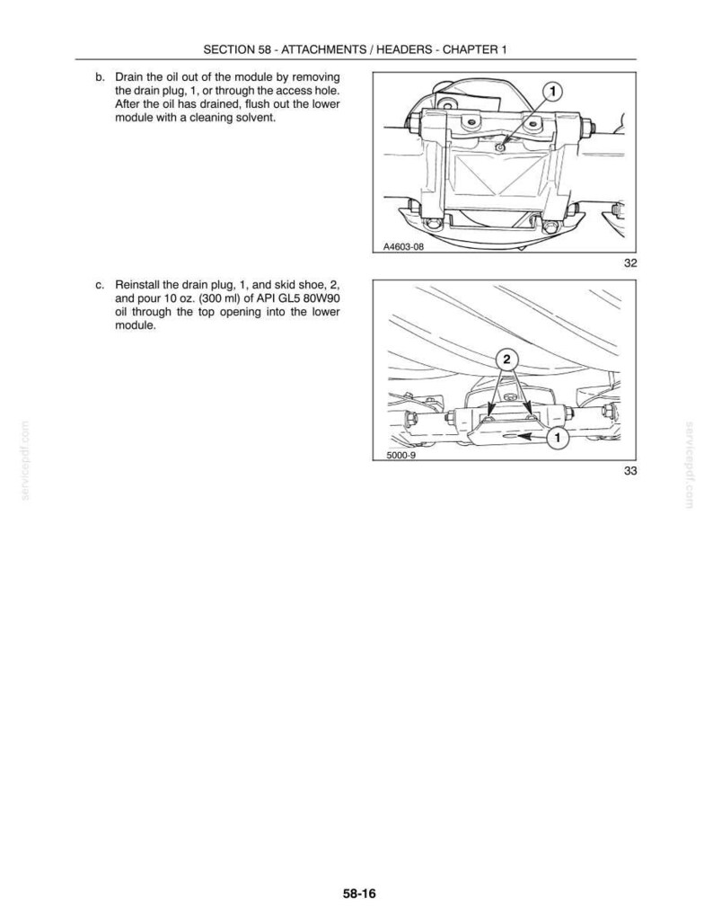 May include: A technical manual page titled SECTION 58 - ATTACHMENTS / HEADERS - CHAPTER 1. It features two black and white line drawings of a machinery module with numbered parts 1 and 2, alongside instructional text for draining and refilling oil.