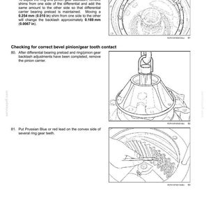 May include: Diagrams from a manual detailing rear axle system components, including bevel gear sets and differentials. The images show steps for adjusting gear backlash and checking tooth contact, with measurements in inches.