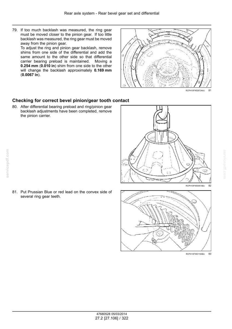 May include: Diagrams from a manual detailing rear axle system components, including bevel gear sets and differentials. The images show steps for adjusting gear backlash and checking tooth contact, with measurements in inches.