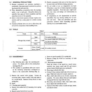 以下が含まれることがあります： 3. DISASSEMBLY AND ASSEMBLYというタイトルの技術文書ページ。一般的な注意事項、六角レンチやレンチなどの工具サイズ（mm）を記載した表、およびスプールアセンブリの取り外しに関する詳細な番号付き手順が記載されています。