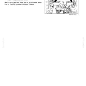May include: Diagram of a vehicle's axle system with arrows indicating fill points for CASE AKCELA TRANSAXLE FLUID 80W-140. Text instructions detail the filling process, including filling the rear axle from the ends and the front from the center.