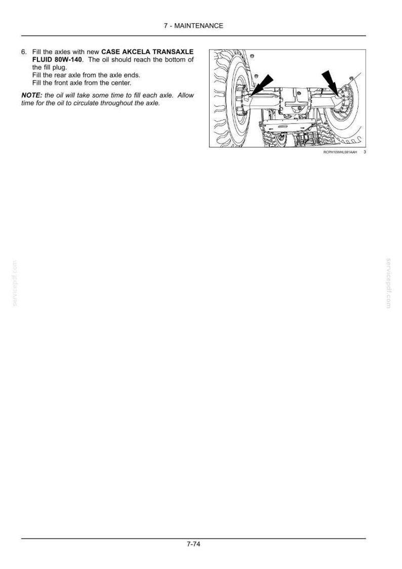 May include: Diagram of a vehicle's axle system with arrows indicating fill points for CASE AKCELA TRANSAXLE FLUID 80W-140. Text instructions detail the filling process, including filling the rear axle from the ends and the front from the center.
