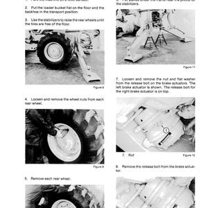 May include: A page from a manual titled "AXLE REMOVAL" with step-by-step instructions and diagrams. The images show the process of removing a wheel from a machine, including loosening nuts and removing the wheel.