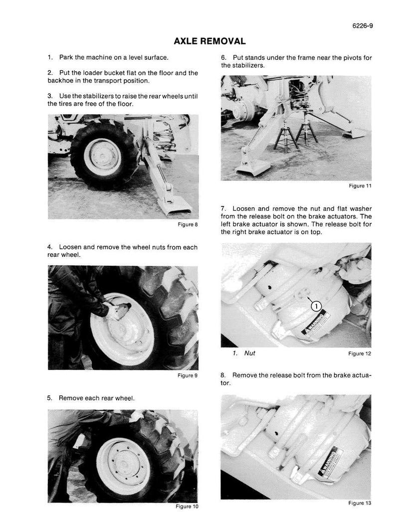 May include: A page from a manual titled "AXLE REMOVAL" with step-by-step instructions and diagrams. The images show the process of removing a wheel from a machine, including loosening nuts and removing the wheel.