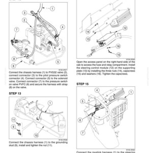 May include: A technical installation manual page labeled 5009-14, featuring four black and white line drawings illustrating steps 12 through 15 for connecting wiring harnesses, valves, and a steering control module with numbered components and text.